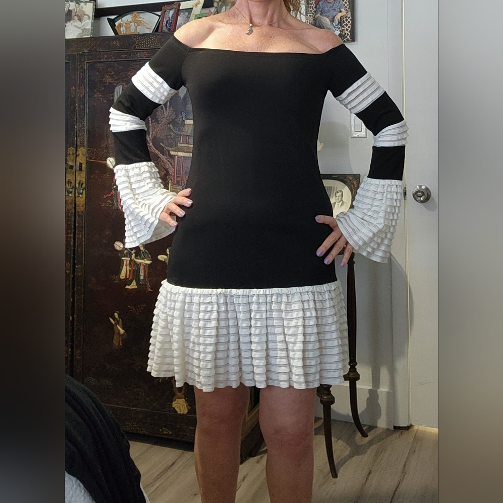 Alexis Off-the-Shoulder Knit Mini Dress, Black/White M more than L